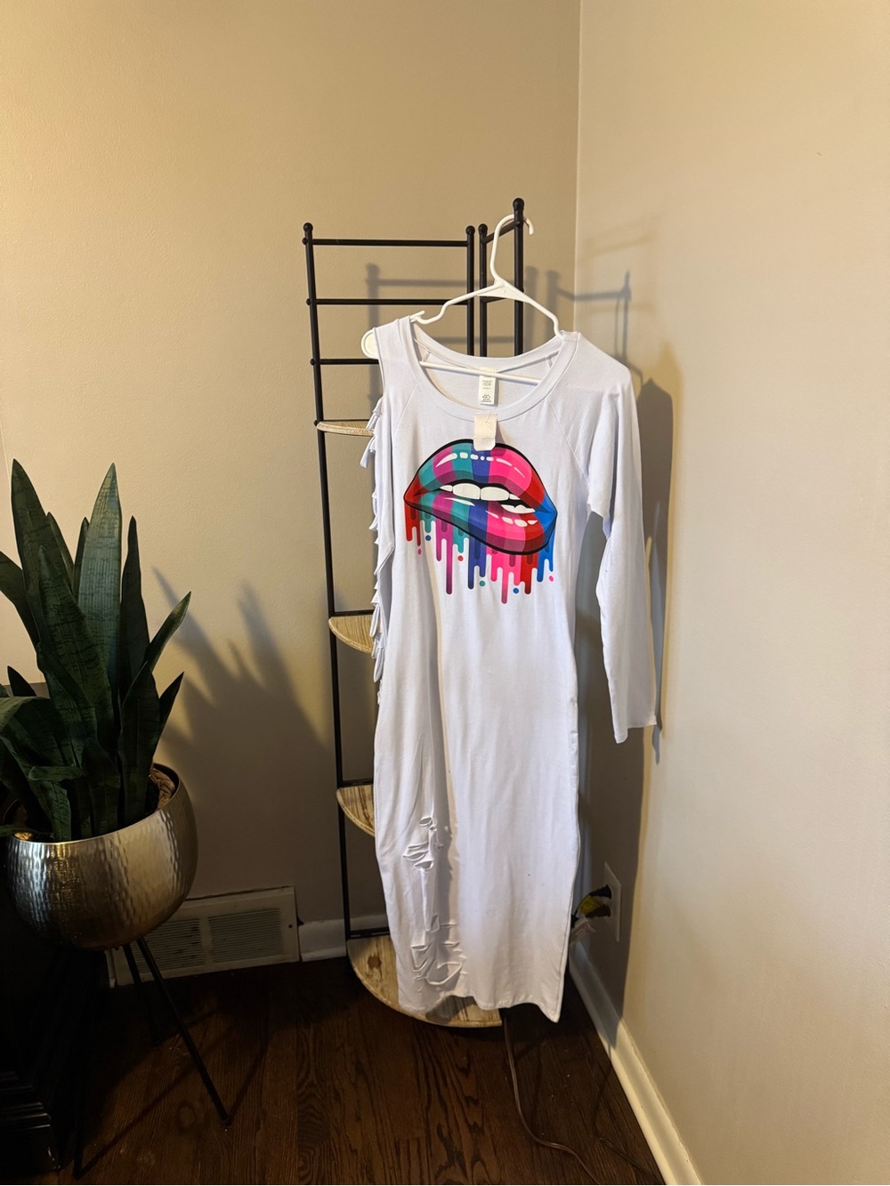 White Long Sleeve Dress with Colorful Drip Lip Print